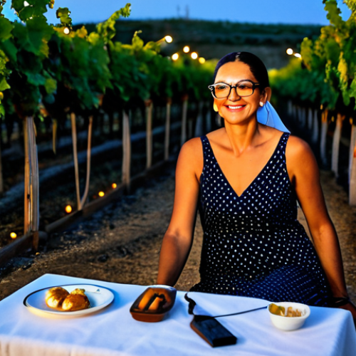 Home 19 Jazz Night at a Vineyard**
"A fully clothed woman in a modest, elegant dress enjoys live jazz music at a vineyard in Northern Cyprus at dusk, appropriate attire, safe for work, perfect anatomy, natural proportions, warm lighting, glasses of wine on the table, string lights, professional photography, high quality, professional, modest, family-friendly."
**