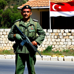 **

"A professional Turkish soldier in full military uniform, standing guard near a checkpoint on Northern Cyprus, with a Turkish flag waving in the background. The scene depicts a sunny day with modest buildings and local architecture visible. Fully clothed, appropriate attire, safe for work, perfect anatomy, natural proportions, professional photography, high quality, family-friendly."

**