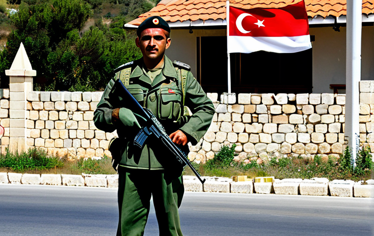 **

"A professional Turkish soldier in full military uniform, standing guard near a checkpoint on Northern Cyprus, with a Turkish flag waving in the background. The scene depicts a sunny day with modest buildings and local architecture visible. Fully clothed, appropriate attire, safe for work, perfect anatomy, natural proportions, professional photography, high quality, family-friendly."

**